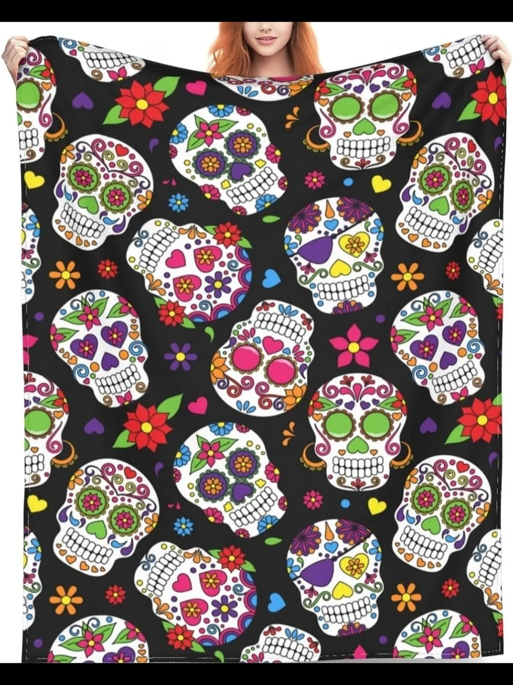 Day of The Dead Sugar Skull Lightweight Flannel Fleece Bed Blanket, 60